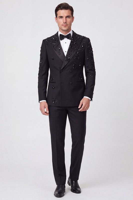 Costume de bal pour homme 2 pièces noir croisé à revers pointus avec perles