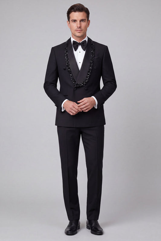 Costume de bal deux pièces noir à double boutonnage, col châle, brodé de perles pour homme