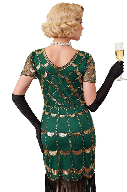 Robe Charleston verte et dorée à col en V, manches courtes transparentes, sequins et franges