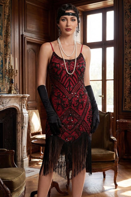 Robe midi fourreau des années 20 à sequins étincelants et franges à l'ourlet