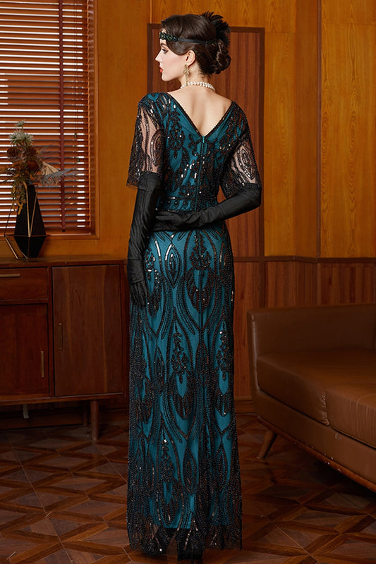 Robe fourreau longue des années 1920 bleu noir à sequins, col en V, manches mi-longues avec perles