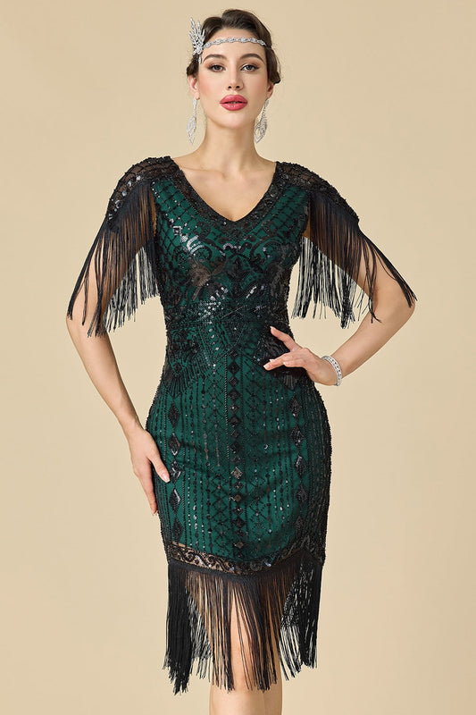 Robe de soirée à col en V, sequins brillants et franges sur les épaules, style années 20