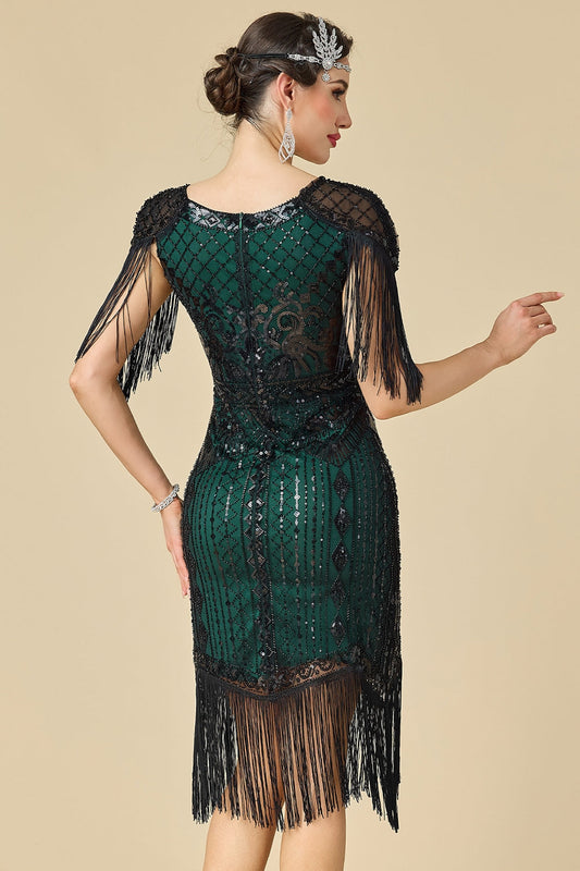 Robe de soirée à col en V, sequins brillants et franges sur les épaules, style années 20