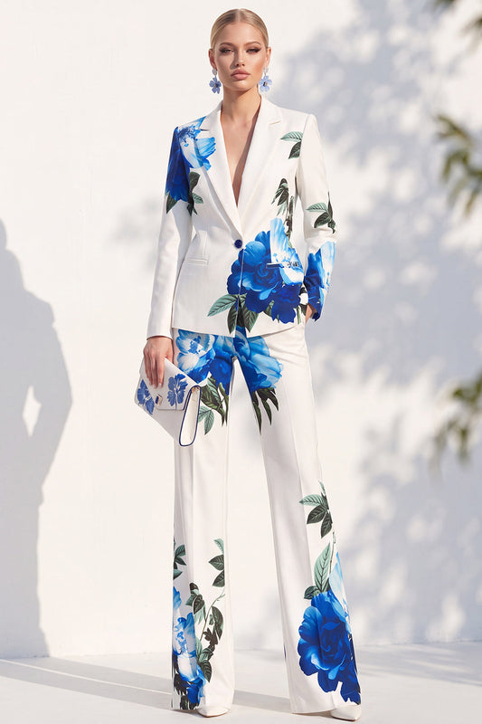 White and Blue Floral Print Notched Lapel Pant Suit for Women Prom Suits