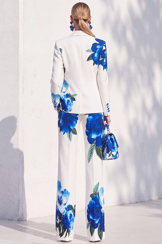 White and Blue Floral Print Notched Lapel Pant Suit for Women Prom Suits