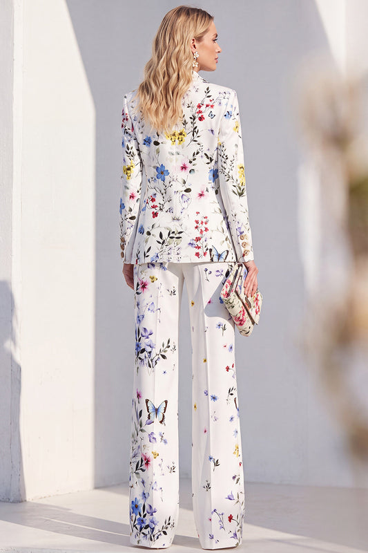 White Printed Peak Lapel Pantsuits Women's Prom Suits