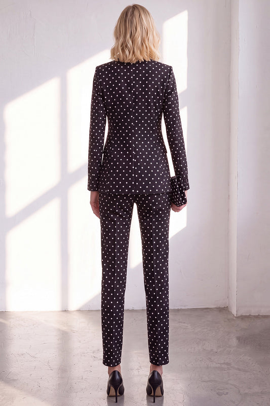 Black Polka Dot Pantsuits Peak Lapel Women's Wedding Suits with Bow