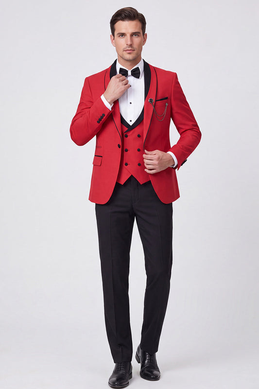 Costume de bal homme 3 pièces rouge à revers châle et un bouton