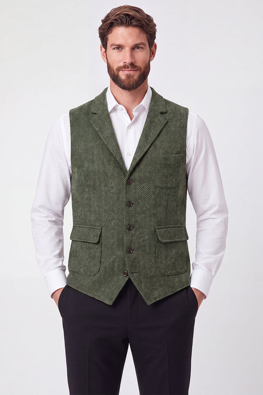 Gilet de costume homme vert armée à simple boutonnage et revers cranté