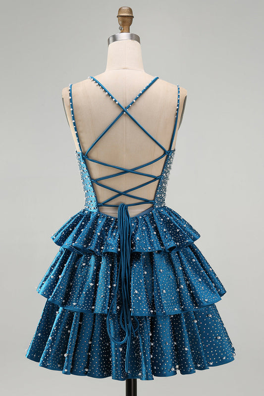 Robes courtes de bal de promo bleues ligne A avec perles et volants à plusieurs niveaux et perles