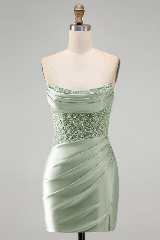 Dusty Green Sequins Ruched Satin Pearl Bodycon Short Homecoming Dress
