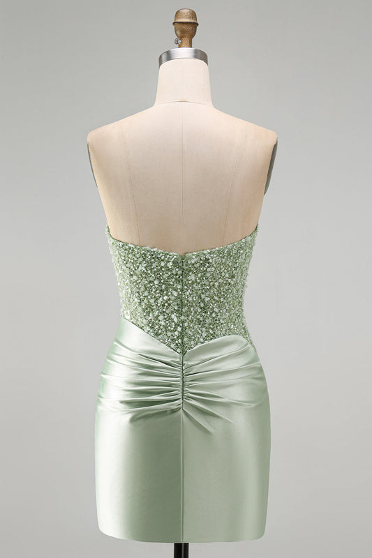 Dusty Green Sequins Ruched Satin Pearl Bodycon Short Homecoming Dress
