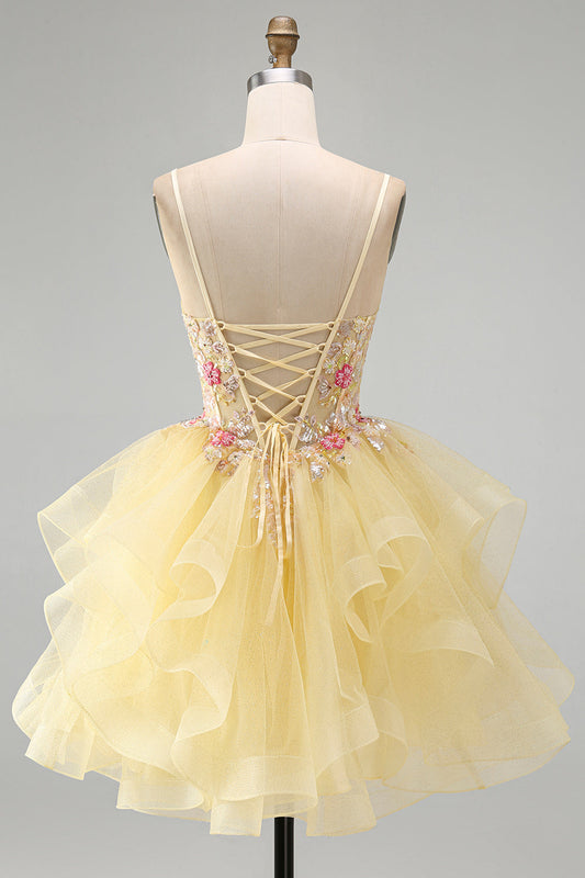 Robe de bal Yellow A-Line Corset avec perles brodées, décolleté en V et volants