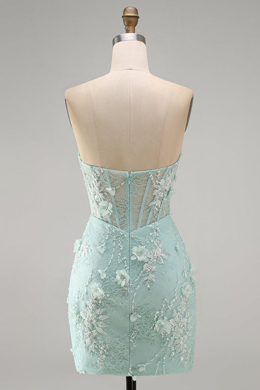 Robe de bal courte corset florale 3D transparente en dentelle serrée sans bretelles avec perles