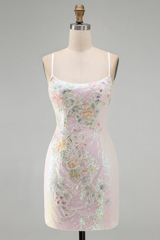 Robe Courte de Soirée Scintillante Rose avec Paillettes et Fleurs, Perlée