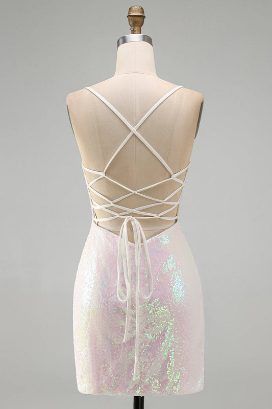 Robe Courte de Soirée Scintillante Rose avec Paillettes et Fleurs, Perlée