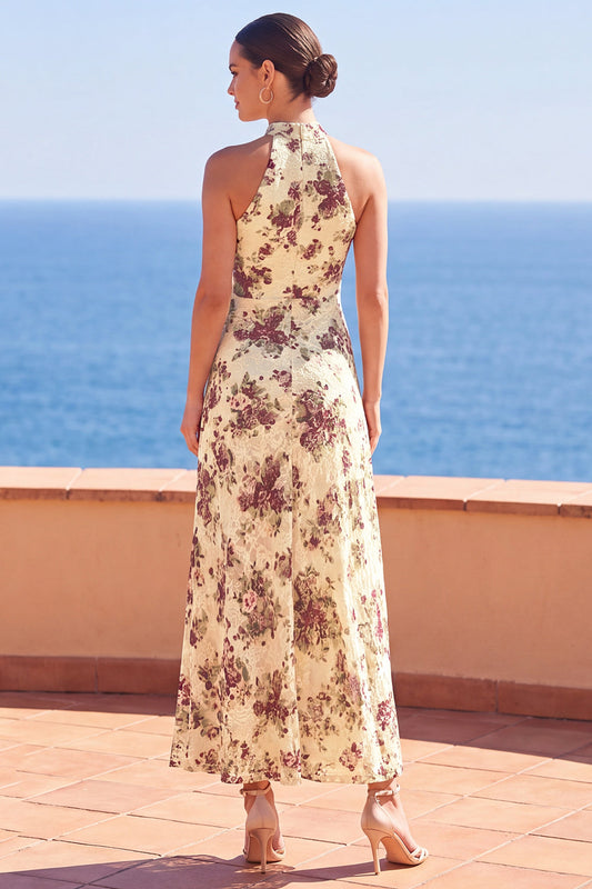 Robe longue fourreau à imprimé floral et col montant abricot