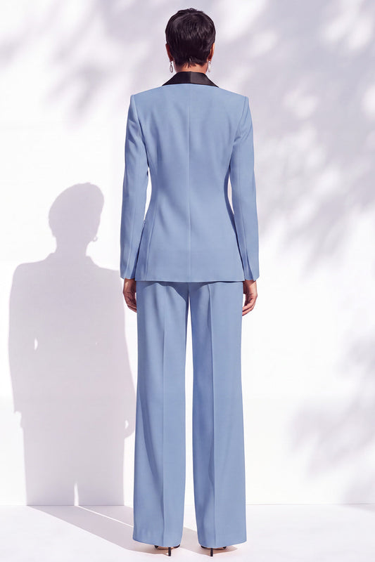 Blue Fitted Shawl Lapel Pantsuits Long Women Suits with 3D Flower