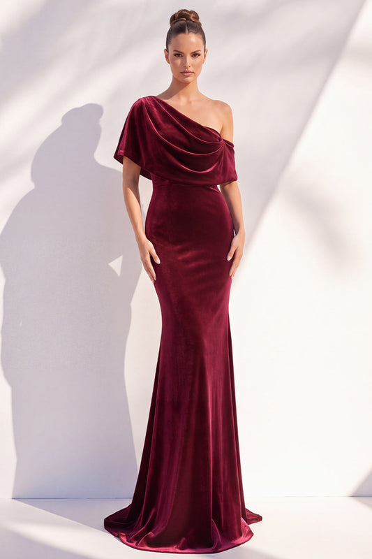 Robe de Soirée Longue Asymétrique Bordeaux Sirène Froncée à Une Épaule
