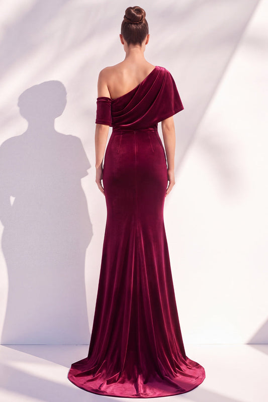 Robe de Soirée Longue Asymétrique Bordeaux Sirène Froncée à Une Épaule