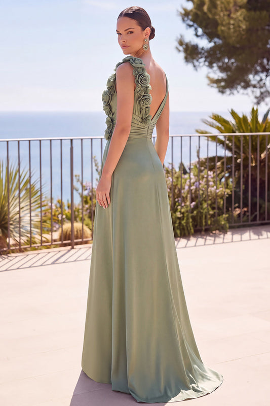 Sage Green V-Neck Ruched 3D Floral Appliques Sheath Long Formal Dress