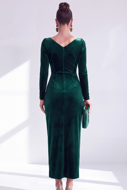 Dark Green Bodycon Velvet V-Neck Long Sleeves Mother of the Bride Dress with Slit