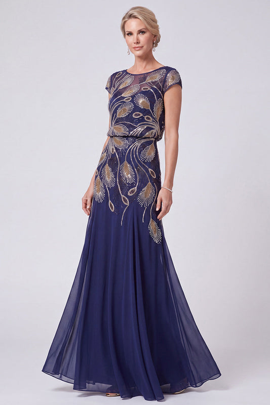 Robe de mère de la mariée longue ligne A bateau perlé marine