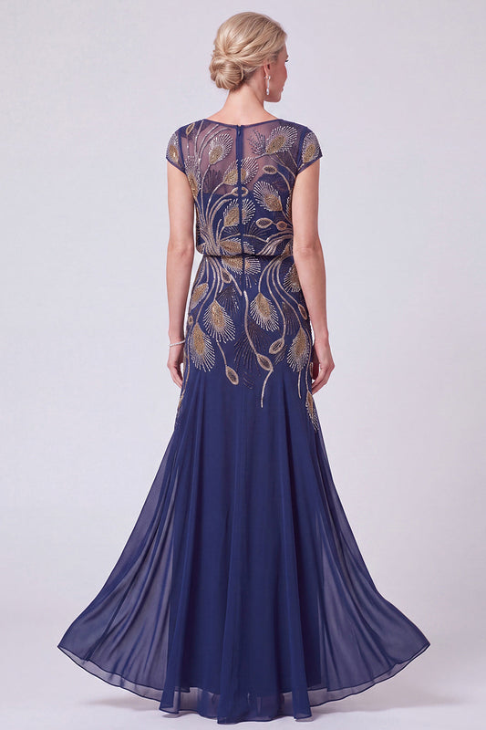 Robe de mère de la mariée longue ligne A bateau perlé marine