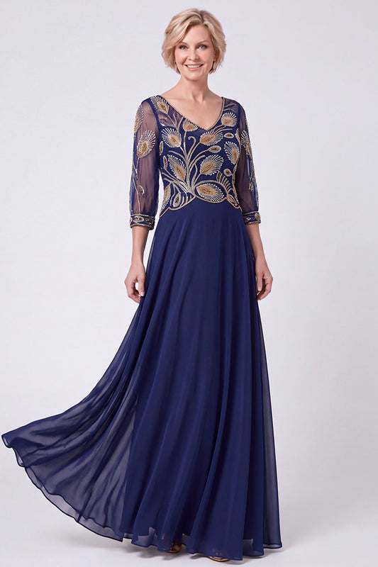 Robe longue de mère de la mariée bleu marine évasée en A ornée de perles à décolleté en V et manches mi-longues