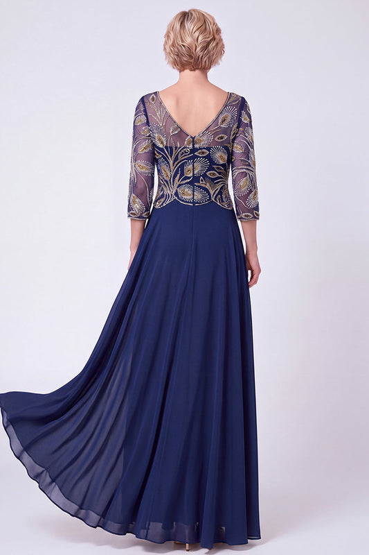 Robe longue de mère de la mariée bleu marine évasée en A ornée de perles à décolleté en V et manches mi-longues