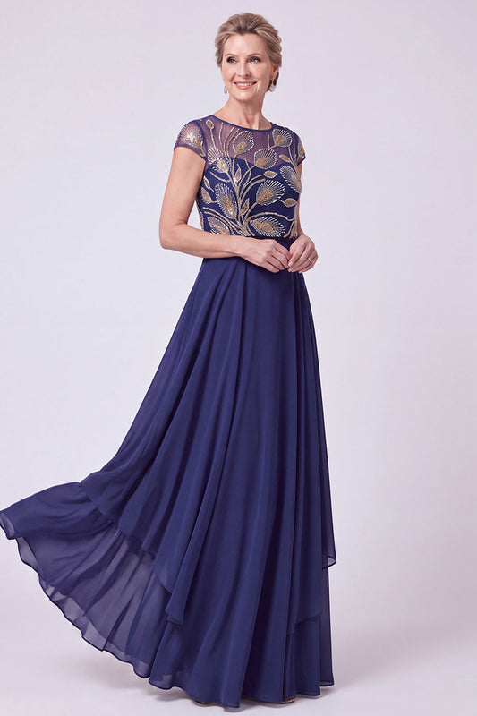 Robe longue de mère de la mariée ornée de perles, coupe trapèze, col illusion, bleu marine