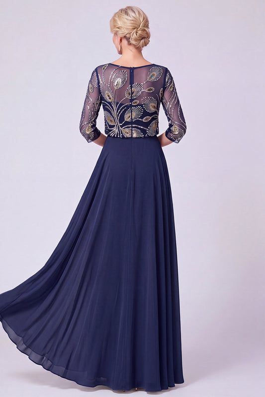 Robe Longue de Mère de la Mariée Bleu Marine Perles Col Bateau Illusion Coupe A-Line