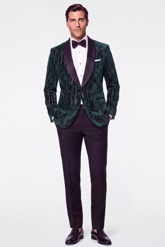 Costume Homme 2 Pièces en Velours Vert Foncé à Revers Châle avec Paillettes