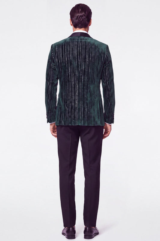 Costume Homme 2 Pièces en Velours Vert Foncé à Revers Châle avec Paillettes