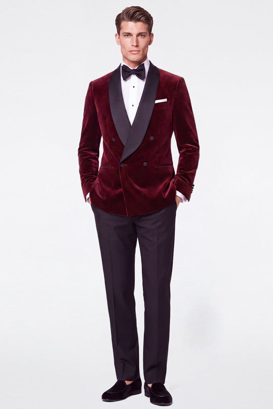 Costume de bal bordeaux 2 pièces en velours pour homme, avec revers châle et double boutonnage