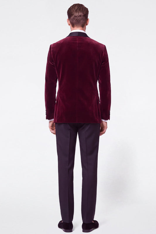 Costume de bal bordeaux 2 pièces en velours pour homme, avec revers châle et double boutonnage