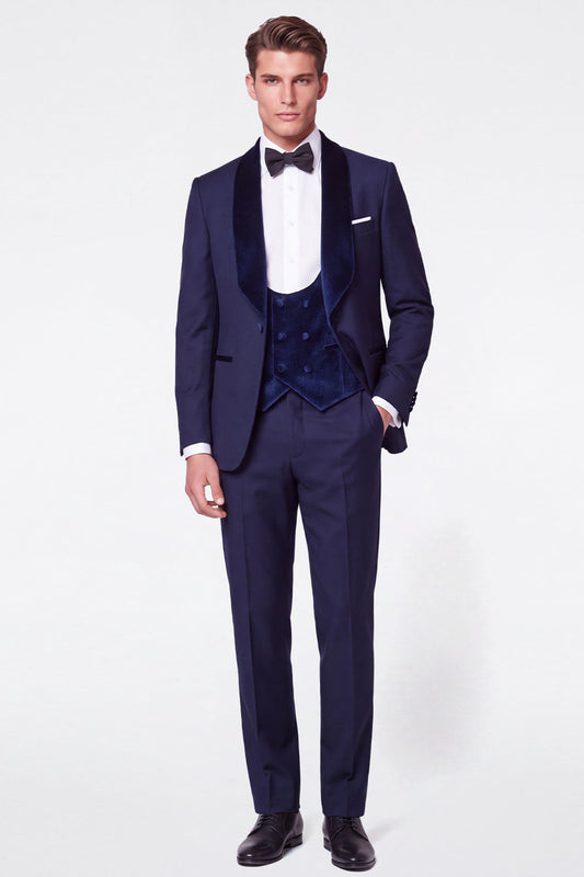 Costume de bal 3 pièces bleu foncé à revers châle et simple boutonnage pour homme