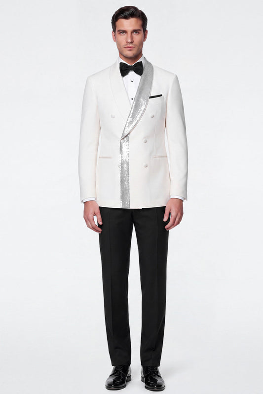 Costumes de bal pour homme, 2 pièces, blanc, croisé, revers châle, avec paillettes