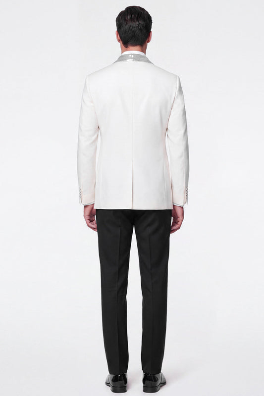 Costumes de bal pour homme, 2 pièces, blanc, croisé, revers châle, avec paillettes