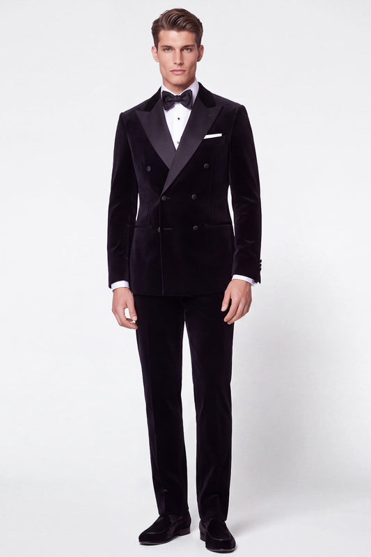 Costume de bal deux pièces en velours noir à revers crantés pour hommes, croisé