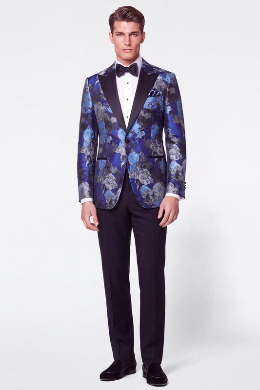 Costumes de bal pour hommes 2 pièces noirs et bleus à revers pointus en jacquard et à simple boutonnage