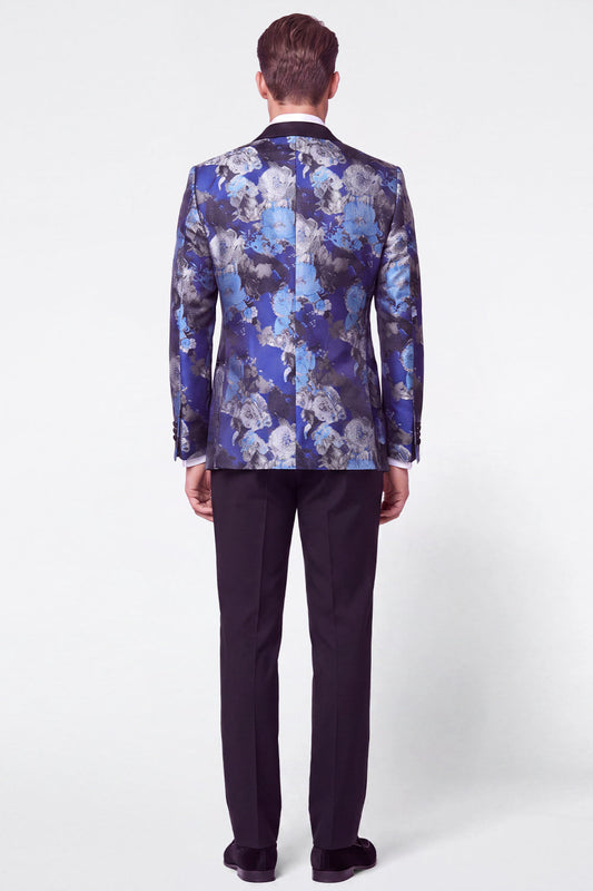 Costumes de bal pour hommes 2 pièces noirs et bleus à revers pointus en jacquard et à simple boutonnage