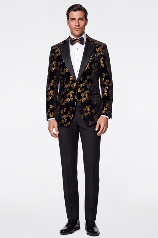 Costume de bal pour homme, 2 pièces, revers jacquard noir doré, coupe ajustée, boutonnage simple
