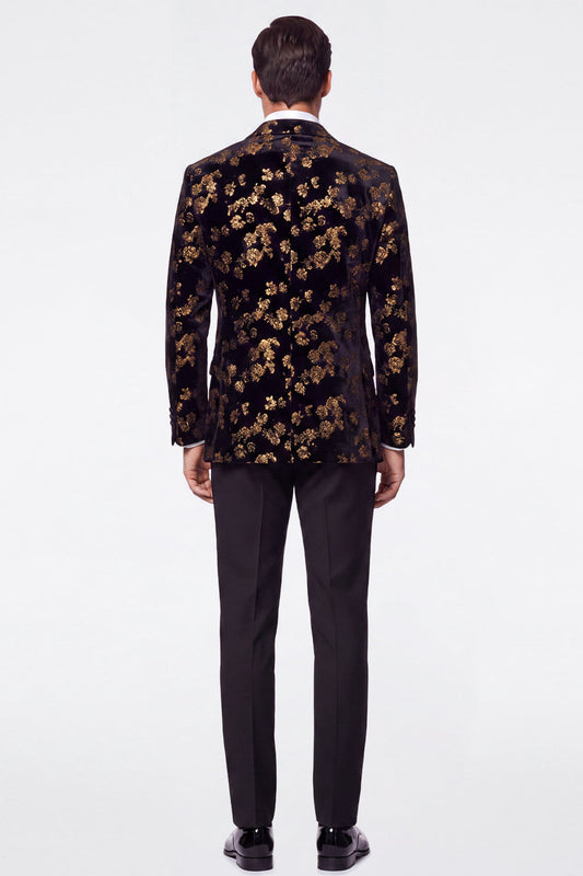 Costume de bal pour homme, 2 pièces, revers jacquard noir doré, coupe ajustée, boutonnage simple