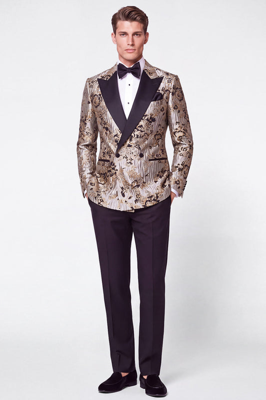 Costume de bal homme croisé 2 pièces revers pointe jacquard noir et argent
