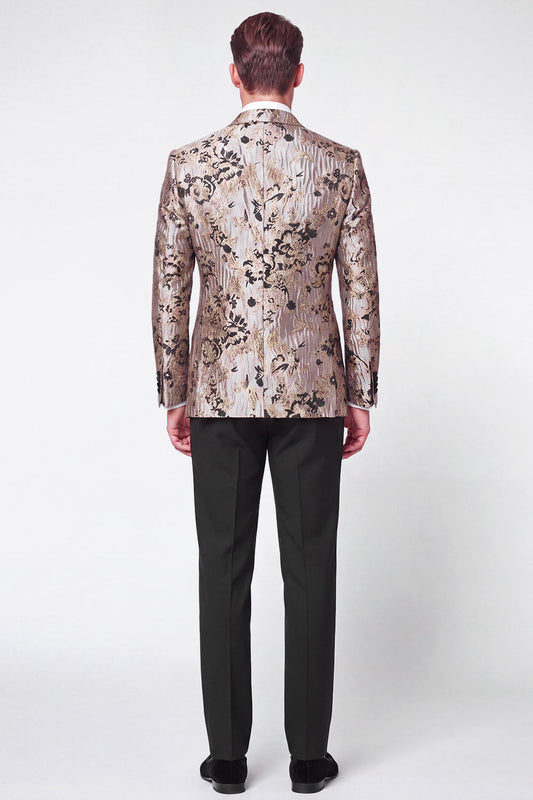 Costume de bal homme croisé 2 pièces revers pointe jacquard noir et argent