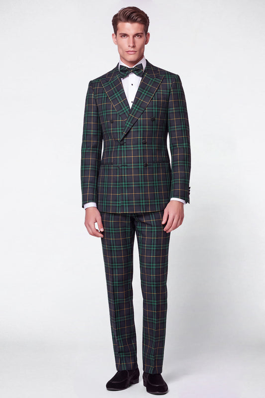 Costumes de bal pour hommes croisés à revers cranté, 2 pièces, motif quadrillé vert