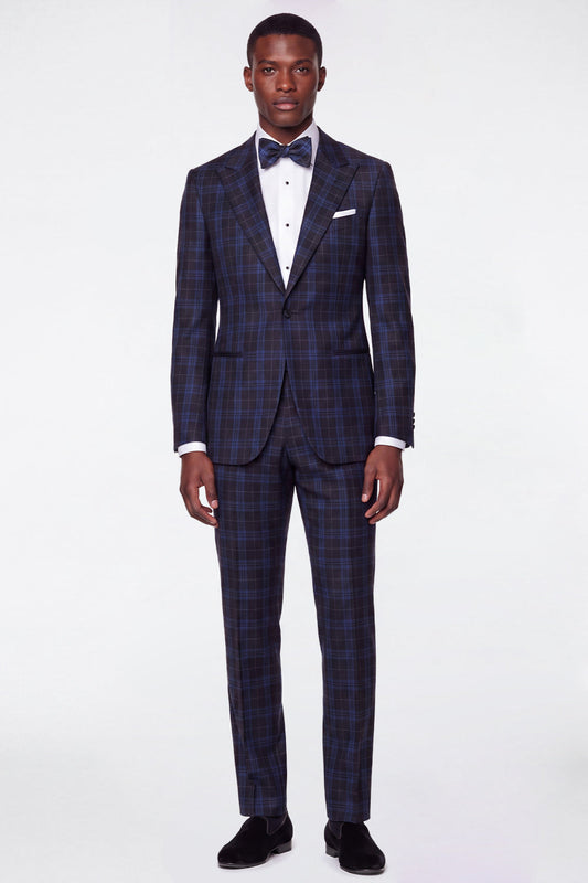 Costumes de bal pour hommes à revers cranté, coupe droite, à carreaux bleus