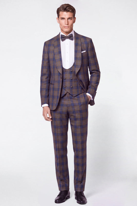 Costumes de bal pour homme 3 pièces gris à carreaux revers châle simple boutonnage