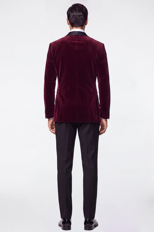 Costumes de bal pour hommes en velours bordeaux deux pièces avec revers en pointe et simple boutonnage